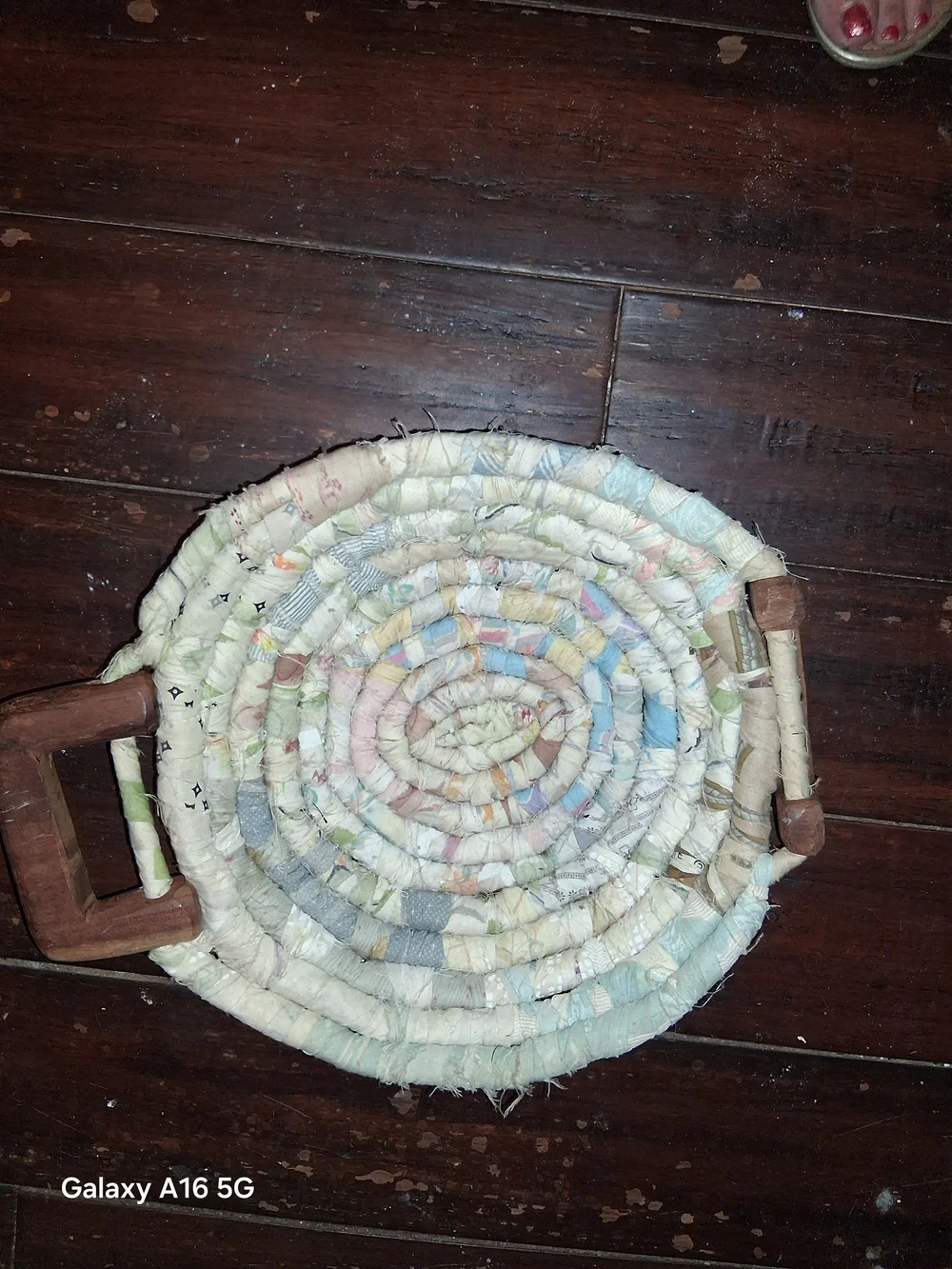 Handcrafted Multicolor Coiled Fabric Serving Tray with Wood Handles